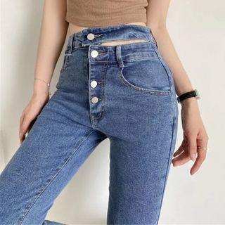 High Waist Button-up Cutout Boot-cut Jeans
