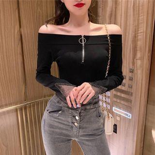 Half-zip Off-shoulder Long-sleeve Top