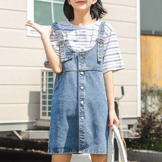Elbow-sleeve Striped T-shirt / Denim Mini Jumper Dress