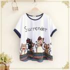 Cat Print Tipped Short Sleeve T-shirt