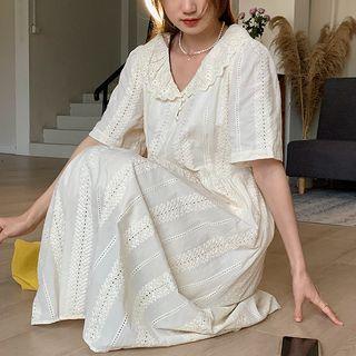 Short-sleeve Collar Embroidered Midi A-line Dress Almond - One Size