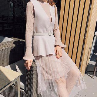 Set: V-neck Vest + Mesh Panel Long-sleeve Midi Dress