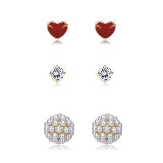 Sterling Silver Plated Gold Simple Romantic Heart Flower Three-piece Earrings With Cubic Zircon And Pearls Golden - One Size