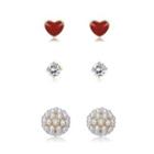 Sterling Silver Plated Gold Simple Romantic Heart Flower Three-piece Earrings With Cubic Zircon And Pearls Golden - One Size