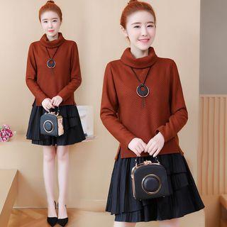 Set : Turtleneck Long-sleeve Top + Mini Skirt