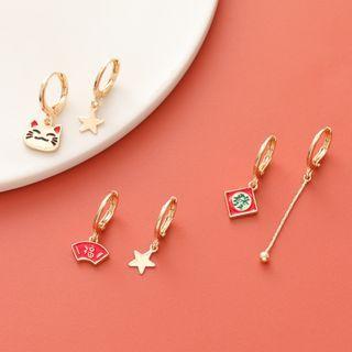 Set Of 6: Lunar New Year Alloy Earring (various Designs) Set Of 6 - Gold & Red - One Size