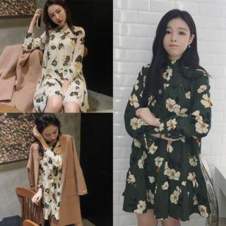 Mock Neck Floral Print A-line Dress