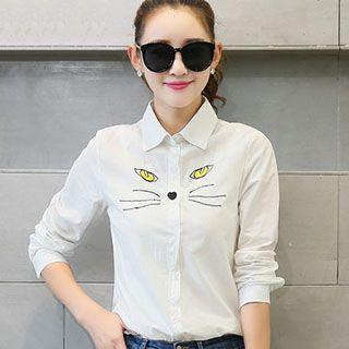 Cat Face Embroidered Shirt