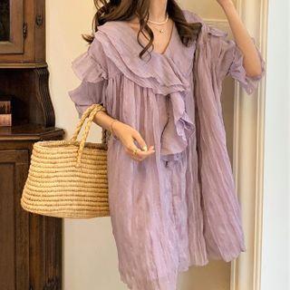 Short-sleeve V-neck Ruffled Trim Badydoll Dress Purple - One Size