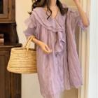 Short-sleeve V-neck Ruffled Trim Badydoll Dress Purple - One Size