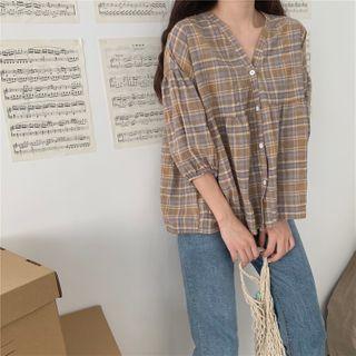 Buttoned 3/4-sleeve Plaid Blouse