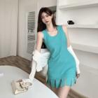 Round-neck Sleeveless Tassel Hem Mini Dress Mint Green - One Size