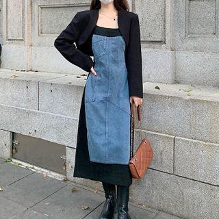 Spaghetti Strap Denim Panel Midi A-line Dress / Cropped Jacket