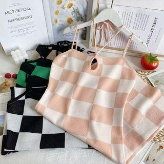 Checkerboard Sleeveless Mini Halter Dress