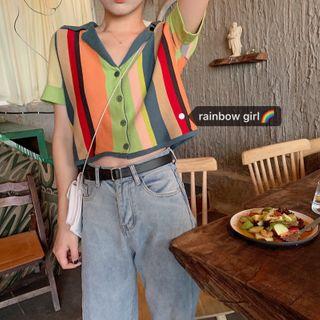 Short-sleeve Polo-neck Knit Top As Shown In Figure - One Size