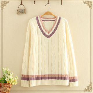 V-neck Color Block Long-sleeve Sweater