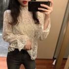 Long-sleeve Lace Blouse Almond - One Size