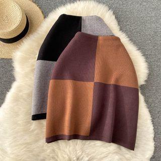 Color Block Lattice Knit Skirt