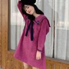 Long-sleeve Sailor Collar Striped Tie-waist Corduroy Dress Purple - One Size