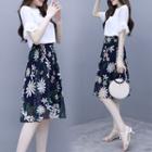 Set: Short-sleeve Ruffled Blouse + Floral Print Chiffon Skirt