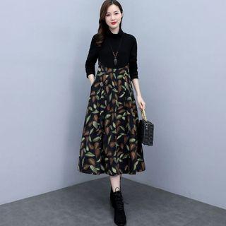 Long-sleeve Mock-neck Leaf Print Midi A-line Dress