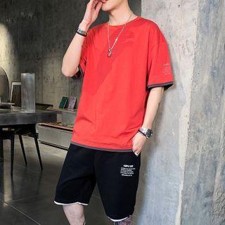 Set: Contrast Trim Short-sleeve T-shirt + Lettering Shorts