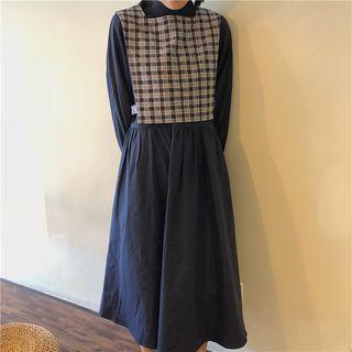 Set: Plaid Vest + Mock-neck Long-sleeve Midi A-line Dress Vest & Dress - One Size