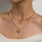 Heart Cross & Butterfly Pendant Faux Pearl Layered Necklace