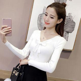 Bow Accent Faux Pearl V-neck Long Sleeve Knit Top