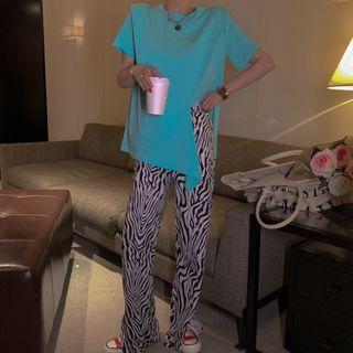 Short-sleeve Plain Split T-shirt / High-waist Zebra Print Pants