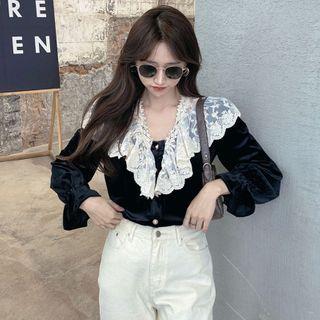 Long-sleeve Lace Panel Velvet Blouse Black - One Size