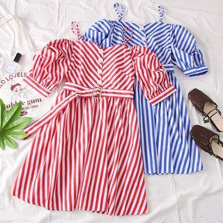 Off-shoulder Striped A-line Dress With Belt