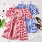 Off-shoulder Striped A-line Dress With Belt