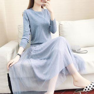 Set: Long-sleeve Button-detail Knit Top + Midi A-line Mesh Skirt