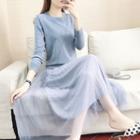 Set: Long-sleeve Button-detail Knit Top + Midi A-line Mesh Skirt