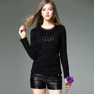 Faux Leather Applique Long-sleeve Lace Top