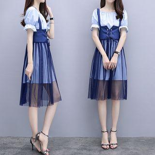 Set: Short-sleeve A-line Dress + Suspender Midi Skirt