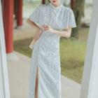 Short-sleeve Faux Pearl Trim Floral Print Midi Qipao Dress