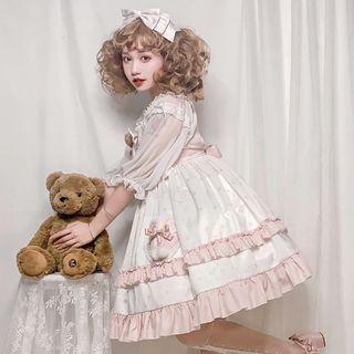 Elbow-sleeve Ruffled Ribbon A-line Dress