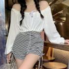Lantern-sleeve Off-shoulder Cropped Blouse / Striped Shorts