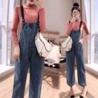 Set: Mock-neck Knit Top + Wide-leg Jumper Jeans