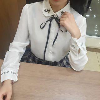 Cat Embroidered Tie Neck Shirt
