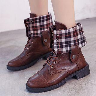 Plaid Low Heel Lace Up Boots