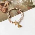 Deer Pendant Faux Pearl Layered Alloy Bracelet 1 Pc - Gold - One Size