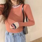 Color-block Long-sleeve Knit Top Tangerine - One Size