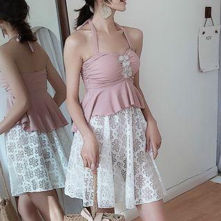 Set: Flower Accent Ribbed Tankini + Lace Skirt