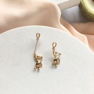 Non-matching Cat Eye Stone Bear Dangle Earring 1 Pair - S925 Silver Needle - Earring - One Size