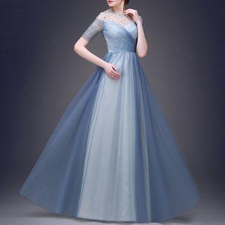 Elbow-sleeve V-neck Evening Gown
