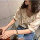 Ruffle V-neck Blouse Khaki - One Size