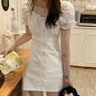 Eyelet Panel Puff-sleeve Lace-up Mini A-line Dress